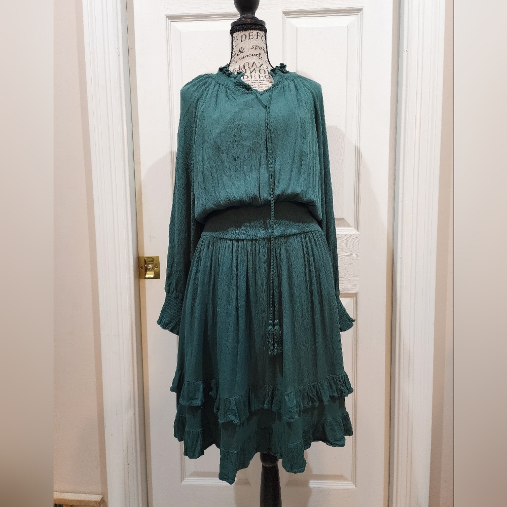 Women's Teal Ruffled Long-Sleeve Dress